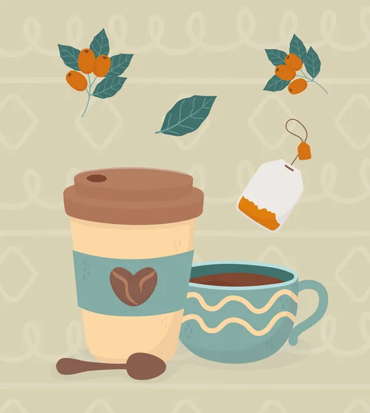 Coffee time, takeaway coffee cup spoon tea bag beans fresh beverage — Stock Vector