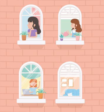 Ev karantinasında kalıp, pencereler inşa etmek bitkilerle uğraşan insanlar.