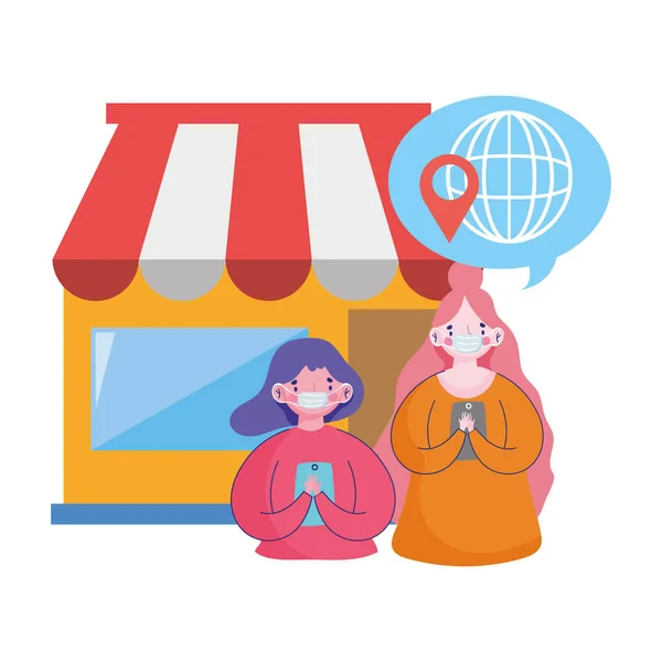 Dibujos animados de las mujeres con teléfono inteligente mercado global ecommerce compras en línea covid 19 coronavirus — Archivo Imágenes Vectoriales