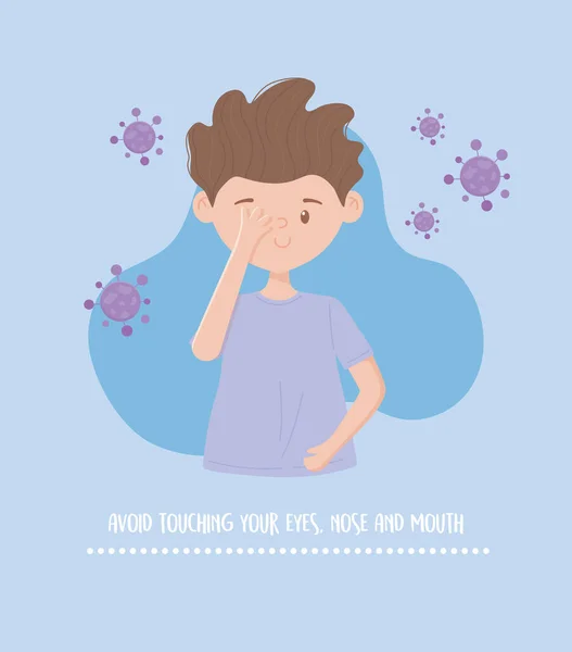 Covid 19 prevención pandémica, evitar el tacto nariz ojos y boca — Vector de stock