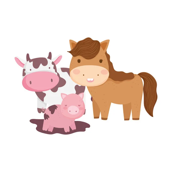 泥巴卡通画中的农场动物、马、牛和猪 — 图库矢量图片
