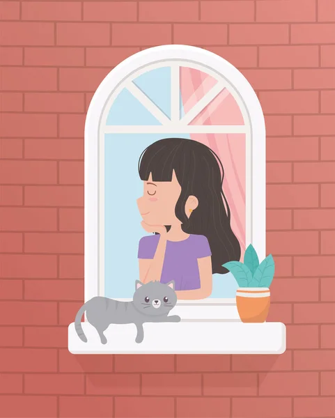 Перебування вдома карантин, жінка і кіт у вікні з рослиною — стоковий вектор