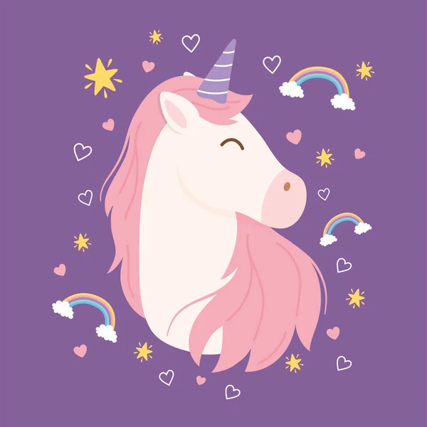 Awan bintang unicorn pelangi dekorasi fantasi magis kartun hewan lucu - Stok Vektor