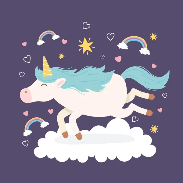 Licorne courir nuage arc-en-ciel amour magique fantaisie dessin animé mignon animal — Image vectorielle