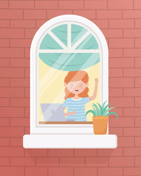 Pobyt doma karanténa, žena s notebookem v pokoji okno rostliny v květináči — Stockový vektor