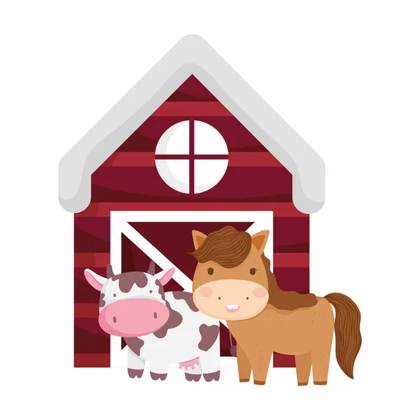 Fattoria animali cavallo mucca fienile cartone animato isolato icona su sfondo bianco — Vettoriale Stock