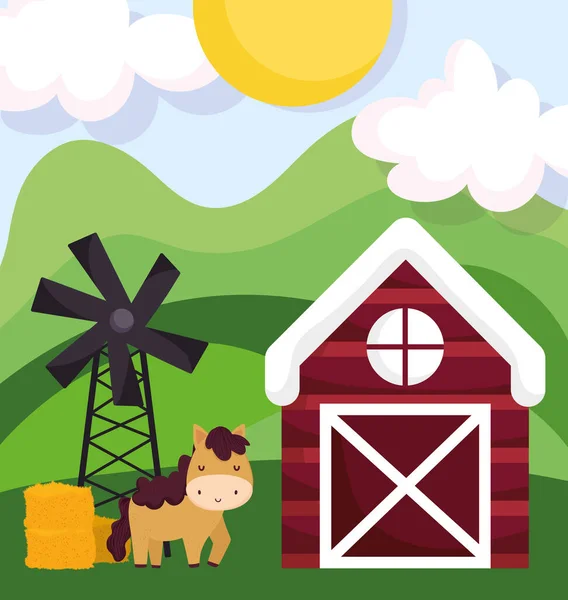Animaux de ferme cheval grange moulin à vent champ de foin dessin animé — Image vectorielle