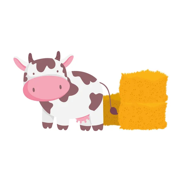 Animali da fattoria cartoni animati mucca e pila di fieno cartone animato — Vettoriale Stock