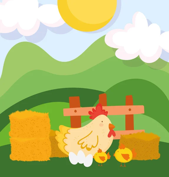 农场动物鸡蛋木栅栏山卡通 — 图库矢量图片