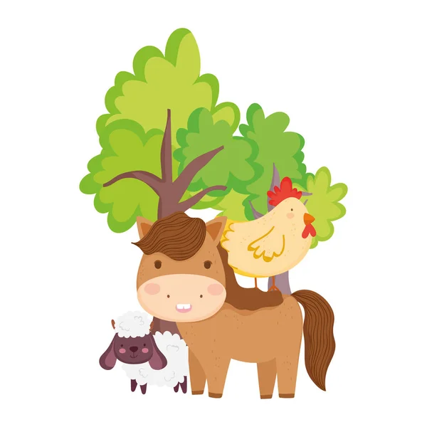 farm animals horse sheep hen tree cartoon isolated icon on white background