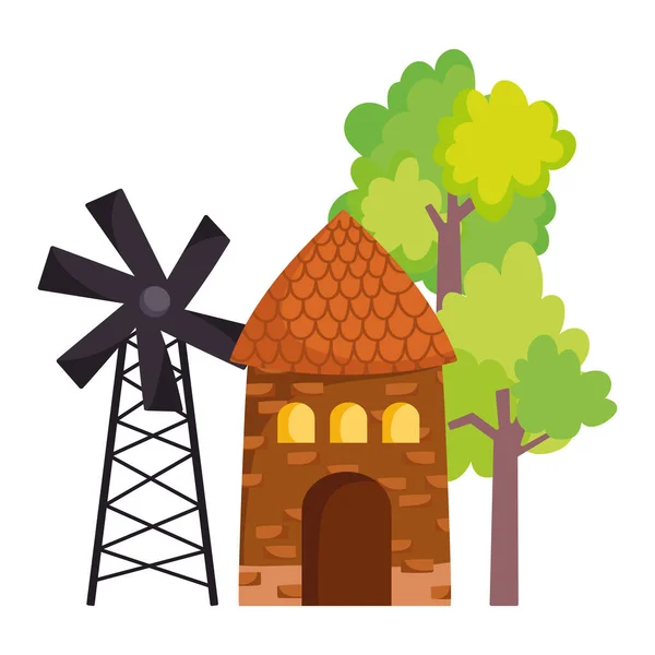 Farm animals windmill barn trees outside cartoon — Stock Vector