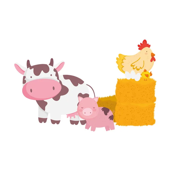 Animales de granja vaca de cerdo gallina y huevos en dibujos animados de heno — Vector de stock