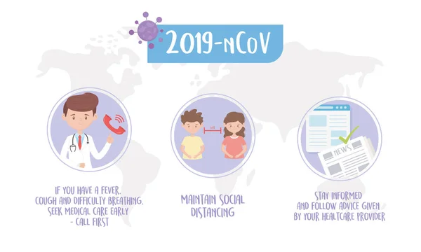 Covid 19 prevenção de pandemias, procurar atendimento médico, distanciamento social e manter-se informado —  Vetores de Stock