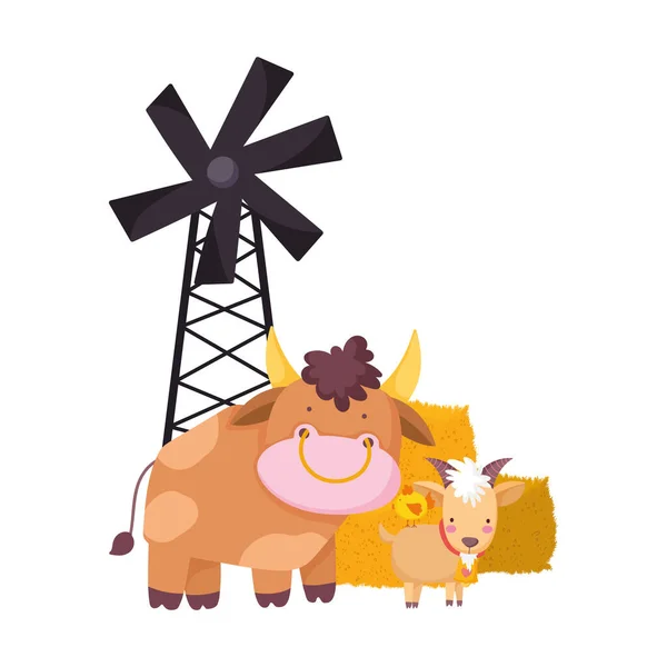 Farm animals cartoon bull ram and chicken windmill — Stock Vector