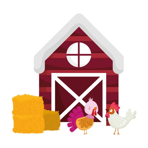 Farm animals turkey and rooster hay barn windmill cartoon — Stock Vector