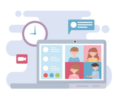 Çevrimiçi toplantı, laptopçular konuşma baloncuğu videosunda çalışıyor