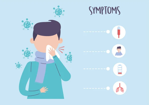 Covid 19 pandemic infographic, pria dengan batuk dan gejala penyakit coronavirus - Stok Vektor