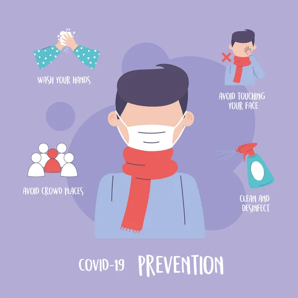 Covid 19 pandemische infografische, preventie infectie ziekte coronavirus tips — Stockvector
