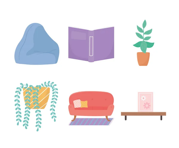 Καραντίνα διαμονή στο σπίτι, κινούμενα σχέδια καναπέ βιβλίο γλάστρες γλάστρες καρεκλάκι εικονίδια — Διανυσματικό Αρχείο