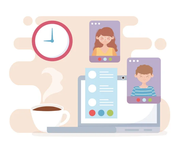 Reunião online, computador portátil vídeo chat pessoas xícara de café — Vetor de Stock