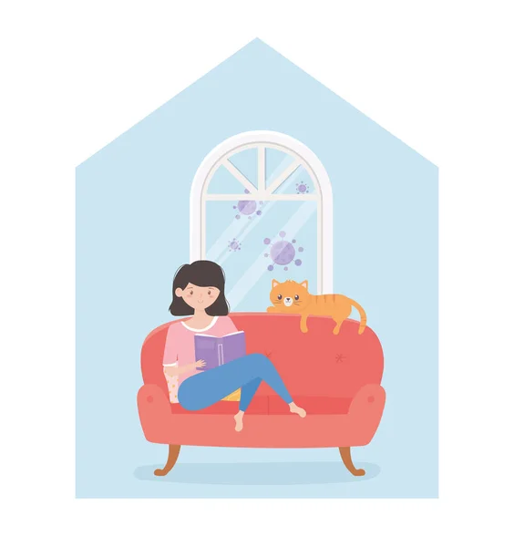 Quarantine stay at home, young woman with book on sofa and pet cat cartoon — Stock Vector