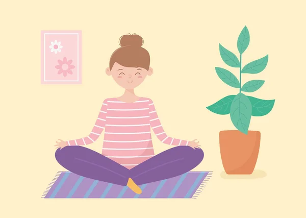 Quarantena soggiorno a casa, donna seduta loto posa in mat cartone animato — Vettoriale Stock