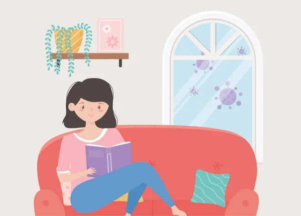 检疫待在家里，年轻女子坐在红色沙发卡通片上看书 — 图库矢量图片