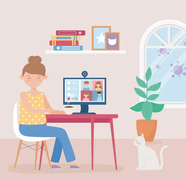 Réunion en ligne, femme avec téléconférence informatique pour le travail de la maison — Image vectorielle