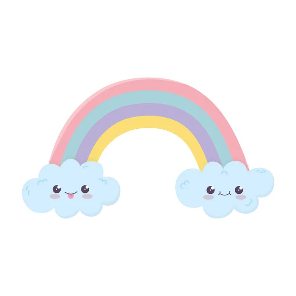 Kawaii arc-en-ciel nuages mignon dessin animé icône isolée — Image vectorielle