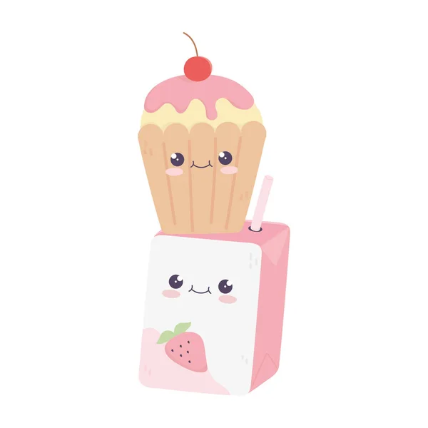 Caixa de suco bonito e personagem de desenho animado cupcake kawaii — Vetor de Stock