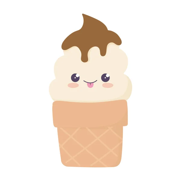Kawaii édes fagylalt kúp aranyos rajzfilm elszigetelt ikon — Stock Vector