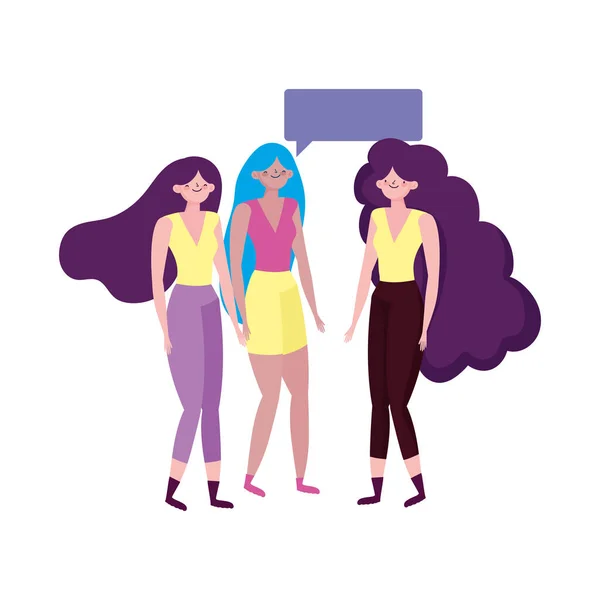 Groep vrouwen jonge personages praten bubble geïsoleerd ontwerp — Stockvector