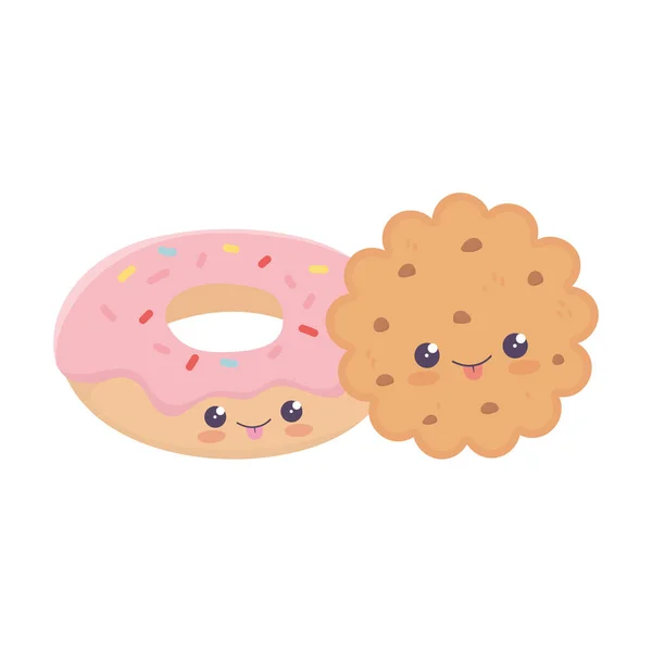 Linda galleta y donut kawaii personaje de dibujos animados — Archivo Imágenes Vectoriales