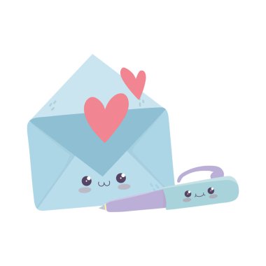 Şirin zarf postası ve kalem aşkı kawaii çizgi film karakteri