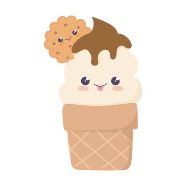 kawaii dondurma ve tatlı kurabiye çizgi film izole ikonu
