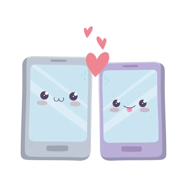 Lindo teléfono inteligente dispositivos amor kawaii personaje de dibujos animados — Vector de stock