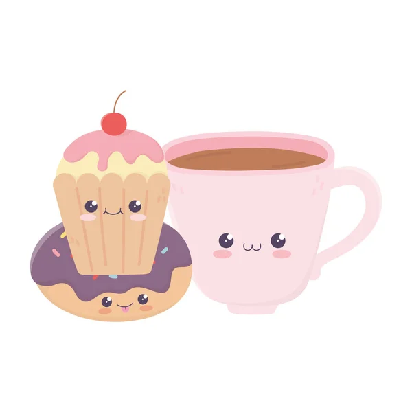 Lindo café taza donut y cupcake kawaii personaje de dibujos animados — Vector de stock