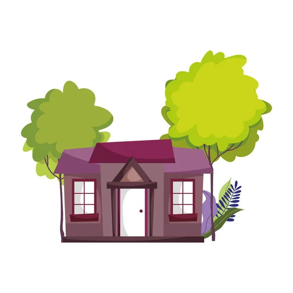 ハウス構造の庭の木の植物のシーンデザイン漫画 — ストックベクタ