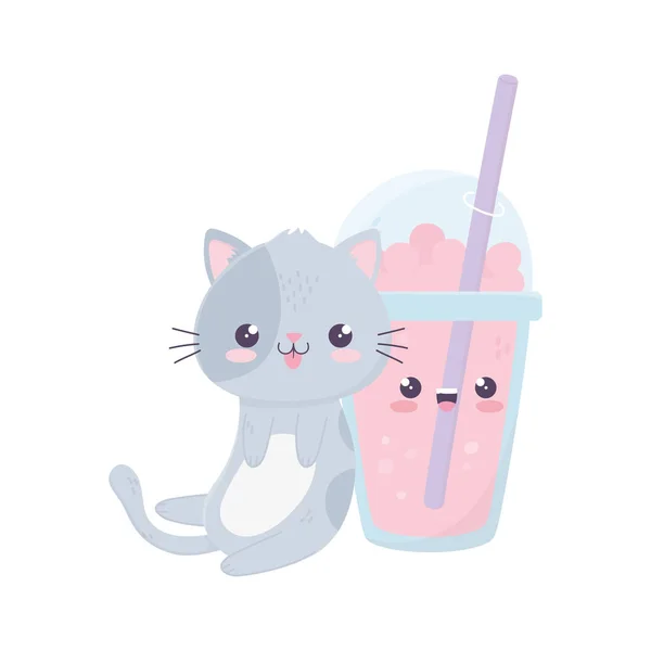 かわいい猫とミルクシェイクカワイイ漫画のキャラクター — ストックベクタ