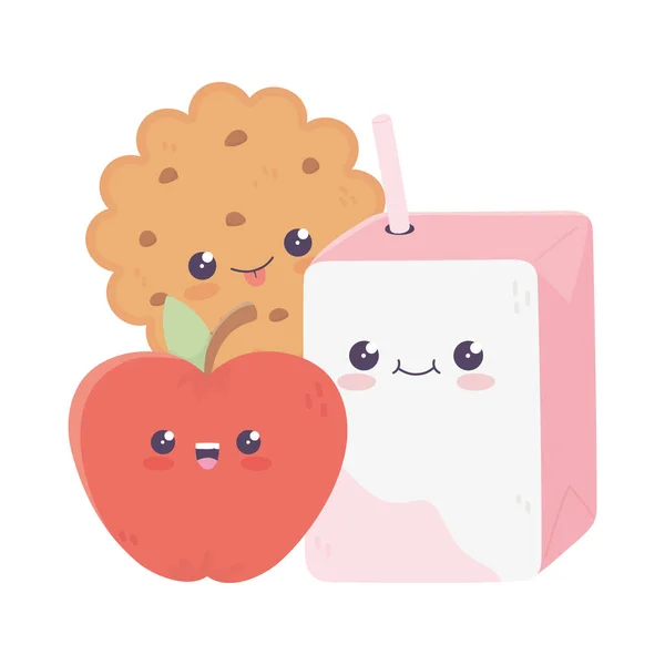 Niedliche Saftbox Cookie und Apfel Kawaii Cartoon-Figur — Stockvektor