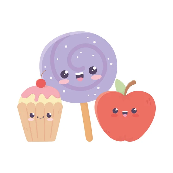 Doce de maçã bonito em vara e cupcake kawaii personagem dos desenhos animados — Vetor de Stock