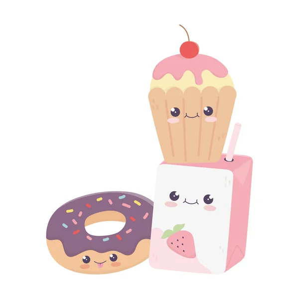 Mignonne boîte jus beignet et cupcake kawaii personnage de dessin animé — Image vectorielle