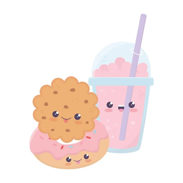 Cookie mignon et beignet milkshake kawaii personnage de dessin animé — Image vectorielle