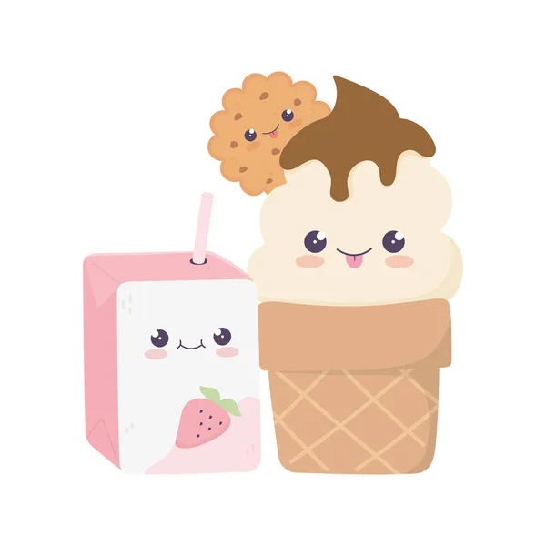 Bonito caixa de suco e sorvete kawaii personagem dos desenhos animados —  Vetores de Stock