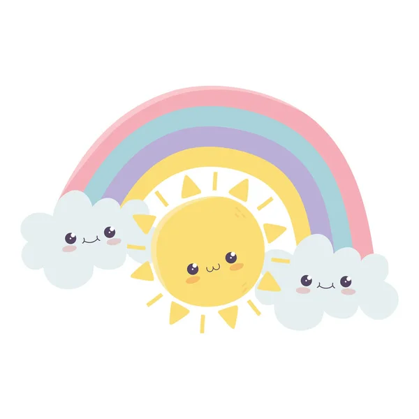 Симпатичные солнечные радужные облака Привет, персонаж мультфильма Кавайи — стоковый вектор