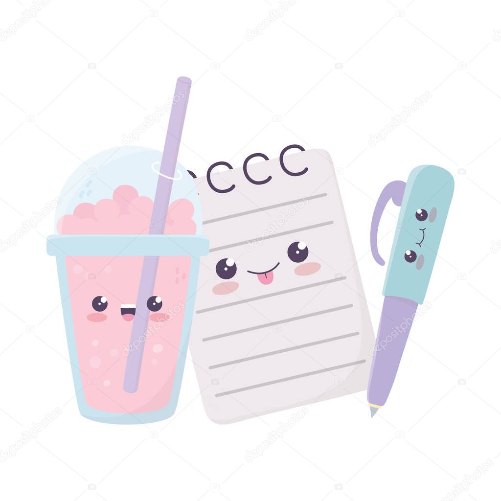 cute notepad pen and milkshake kawaii cartoon character