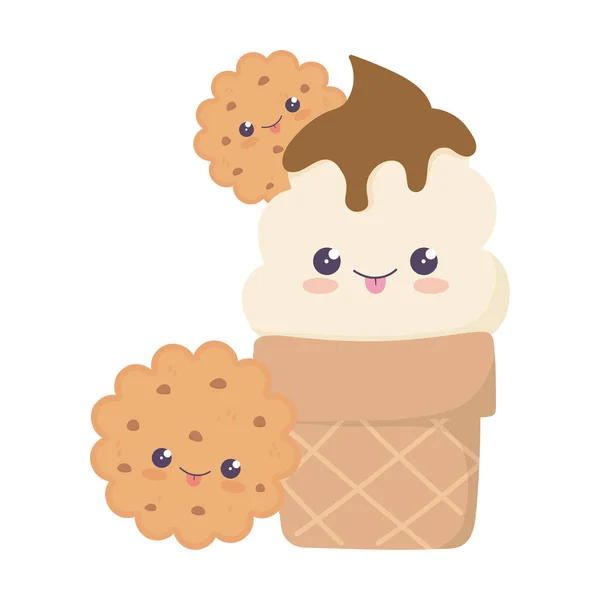 Lindo helado cono y galletas kawaii personaje de dibujos animados — Vector de stock