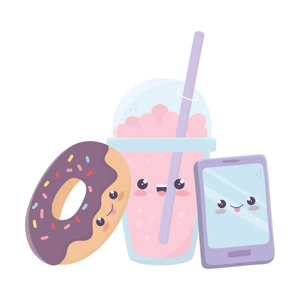 Akıllı telefon donut ve kawaii çizgi film karakteri — Stok Vektör