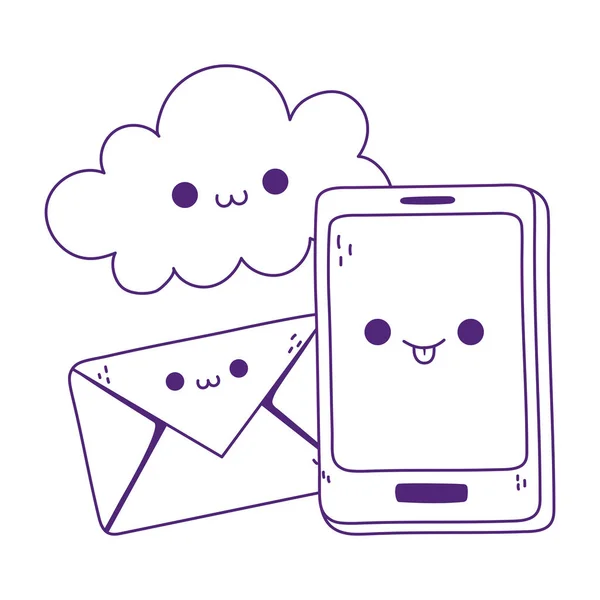Leuke smartphone mail cloud kawaii stripfiguur — Stockvector