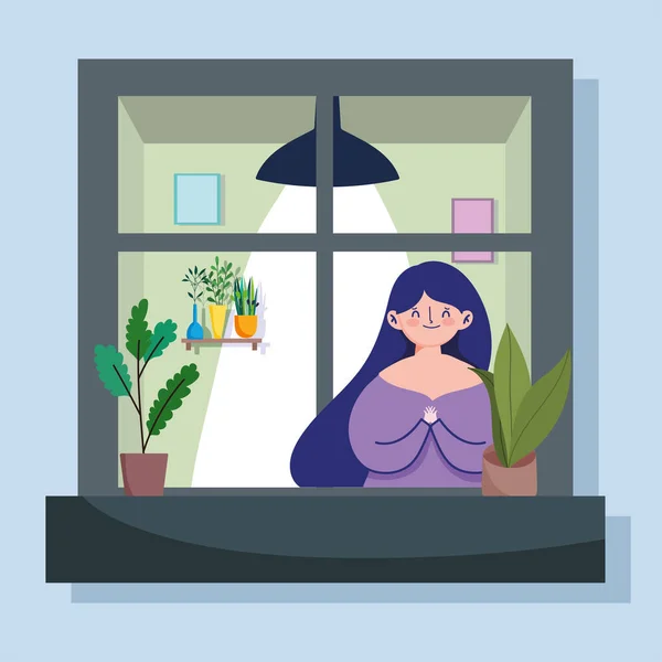 Μείνετε στο σπίτι καραντίνα, γυναίκα κοιτάζοντας το παράθυρο με πρόσοψη του κτιρίου — Διανυσματικό Αρχείο